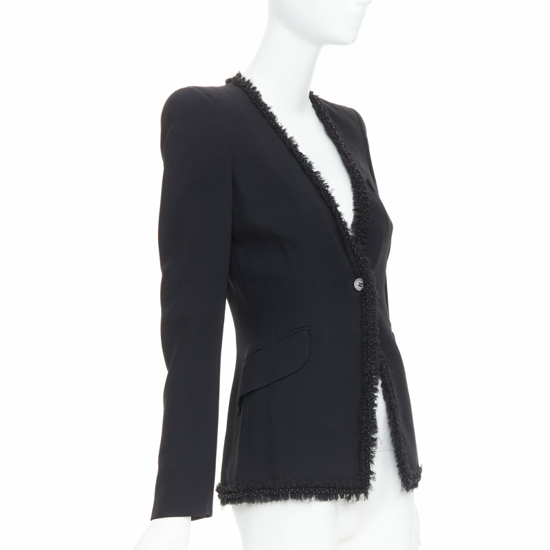 ALEXANDER MCQUEEN 2011 black beads frayed ruffle collar fitted blazer jacket IT40 S-2