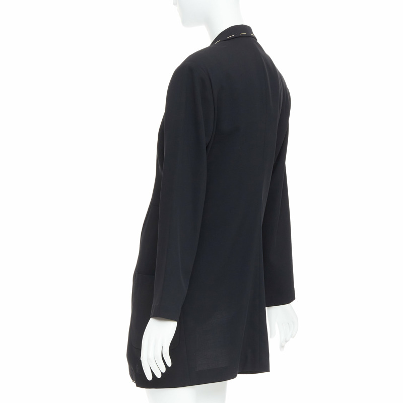 YOHJI YAMAMOTO black wool blend handstitched detail long blazer coat S-6