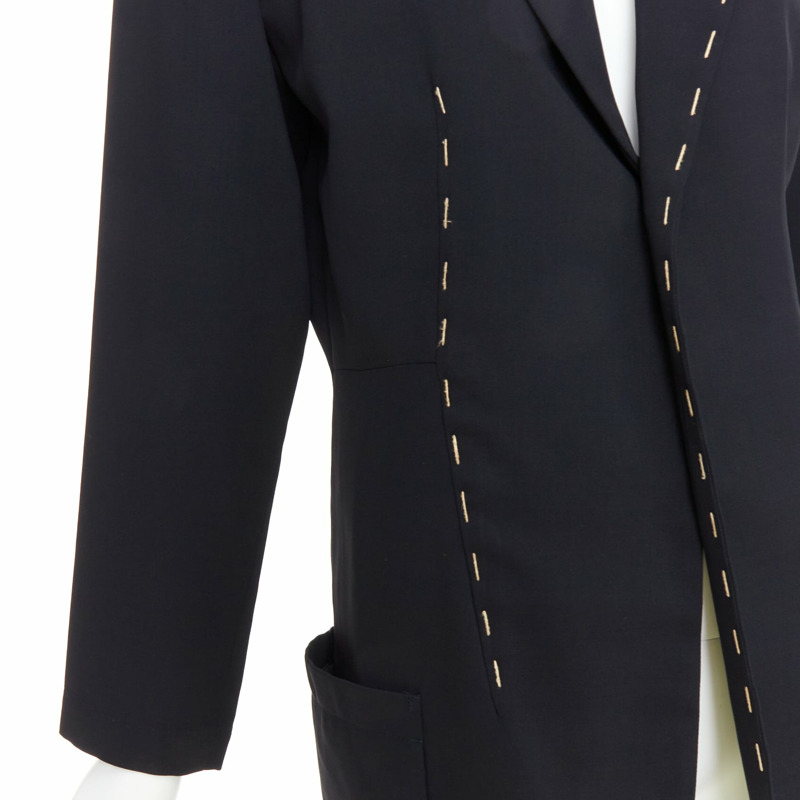 YOHJI YAMAMOTO black wool blend handstitched detail long blazer coat S-7