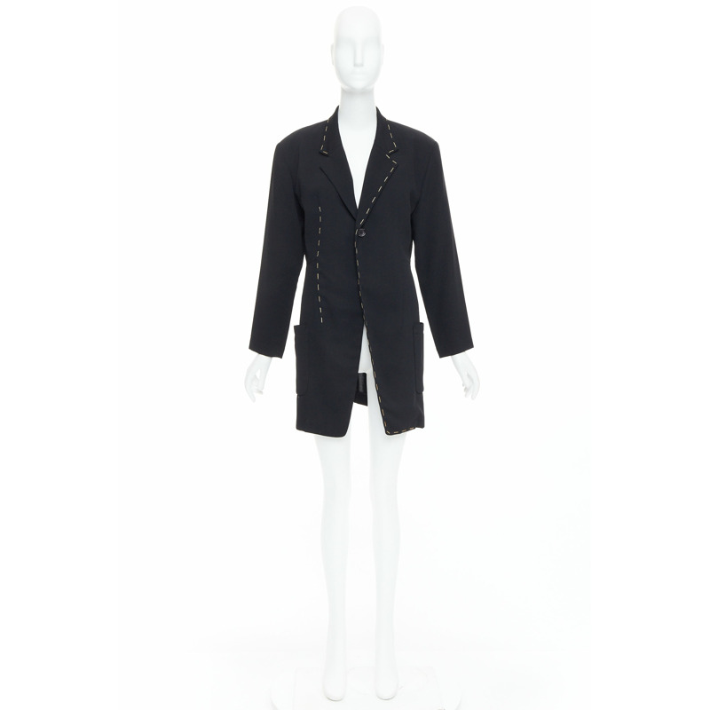 YOHJI YAMAMOTO black wool blend handstitched detail long blazer coat S-9