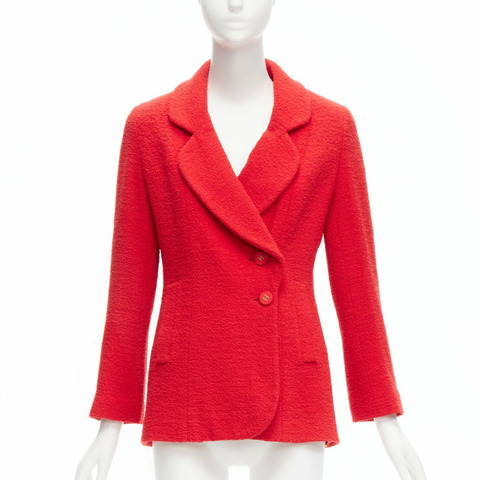 CHANEL 94A Vintage Runway red wool tweed gold CC button jacket FR36 S