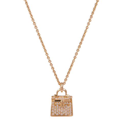 HERMES 18K玫瑰金Amulettes Kelly Diamond Pendant鑽石項鍊