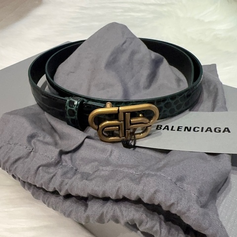Balenciaga  BB閃亮鰐魚紋壓花牛皮革細腰帶 深綠色 寬2.5cm
