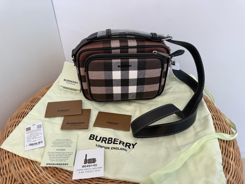 全新BURBERRY黑咖格紋帆布雙拉鏈相機包肩背包8049145-0