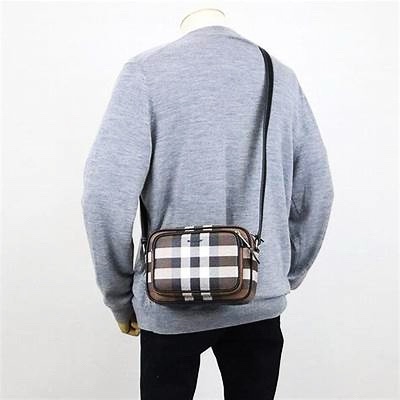 全新BURBERRY黑咖格紋帆布雙拉鏈相機包肩背包8049145-10