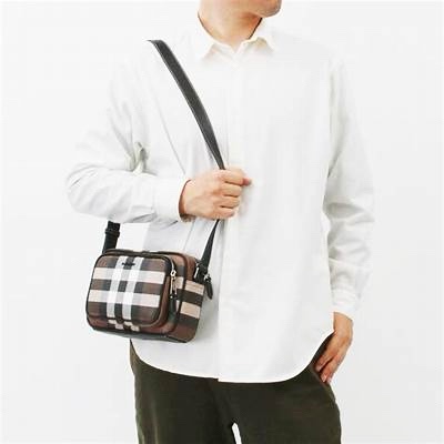 全新BURBERRY黑咖格紋帆布雙拉鏈相機包肩背包8049145-12