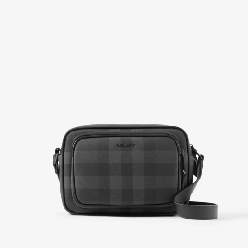 全新BURBERRY黑咖格紋帆布雙拉鏈相機包肩背包8049145-14