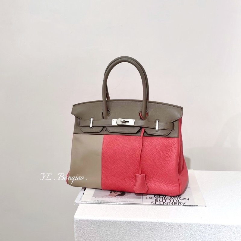 Hermes Birkin30 T5玫瑰粉+18象灰+1F黏土灰三拼色T/C+SWIFT拉絲銀扣-0