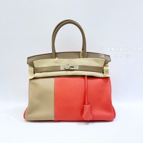 Hermes Birkin30 T5玫瑰粉+18象灰+1F黏土灰三拼色T/C+SWIFT拉絲銀扣-1