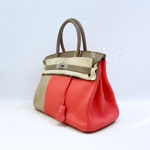 Hermes Birkin30 T5玫瑰粉+18象灰+1F黏土灰三拼色T/C+SWIFT拉絲銀扣-2