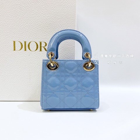 Dior寶寶藍漆皮金釦Lady Dior 微型黛妃側背包-5