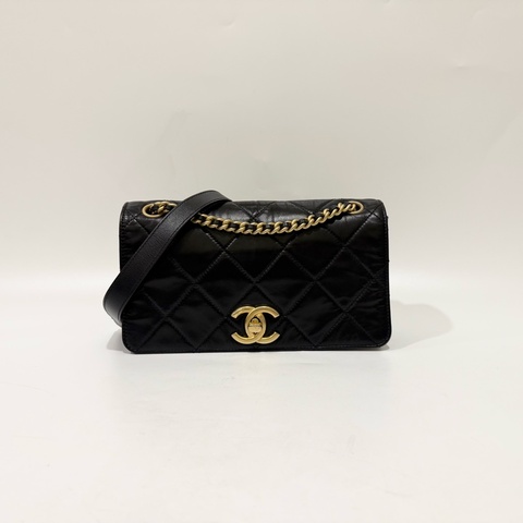 Chanel黑金牛皮口蓋雙C側背肩背包Flat bag21C