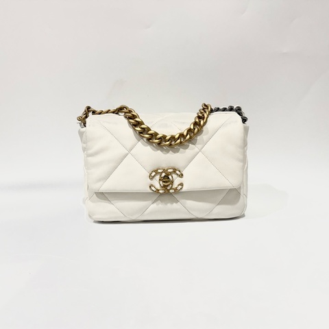 CHANEL白色羊皮金釦19系列26CM/AS1160