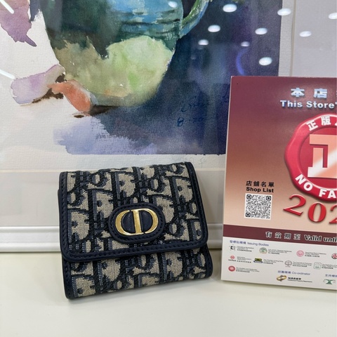 DIOR迪奥 30 Montaigne Oblique印花經典刺绣老花滿印三折 帆布 錢包 女款 牛仔藍色 22年編碼