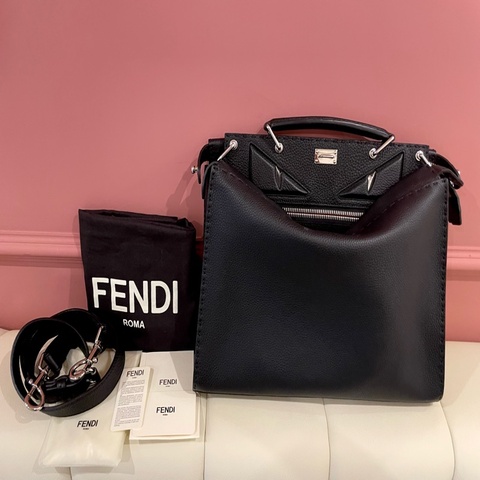 FENDI Peekaboo 黑色外縫線荔枝皮革公事包 手拿/肩背兩用包 Monster 怪獸