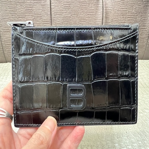 Balenciaga 黑牛皮鱷魚壓紋4卡零錢袋