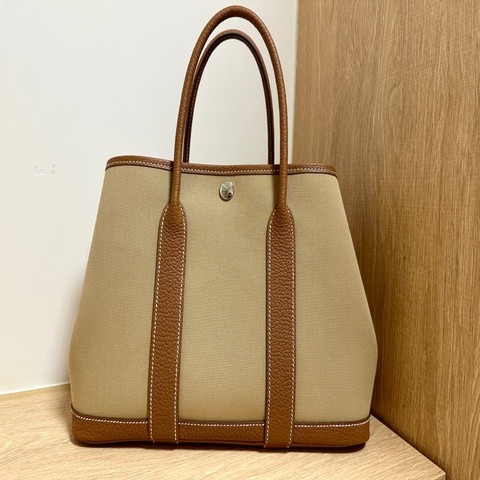 Hermes garden party花園包30帆布併皮金棕風衣灰
