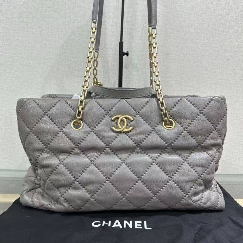 ✨CHANEL 2way灰金手提肩背機場托特包38*25*11 98新配件塵袋保卡-0