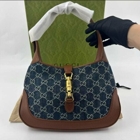 Gucci Jackie1961 藍棕拚色半月腋下包 小號 28*4.5*19cm 配件塵袋盒子 全新帶膜