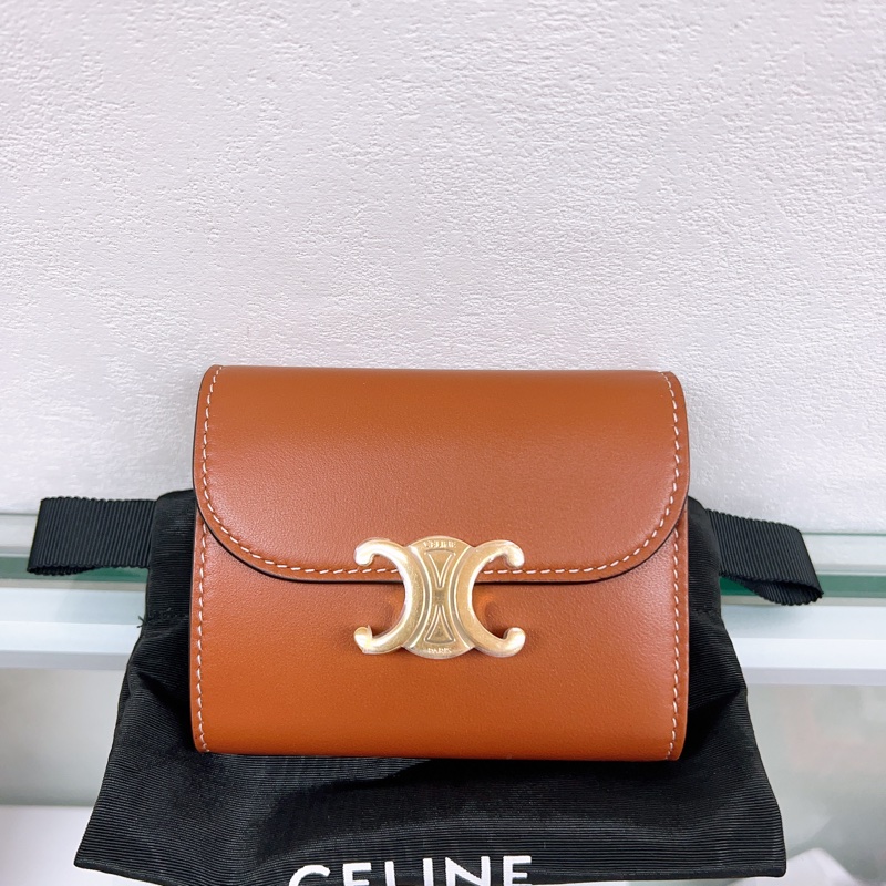 閒置 Celine triomphe 棕色凱旋門三摺銀包/皮夾/短夾-0
