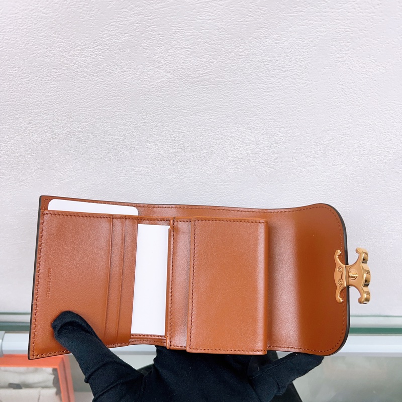 閒置 Celine triomphe 棕色凱旋門三摺銀包/皮夾/短夾-7
