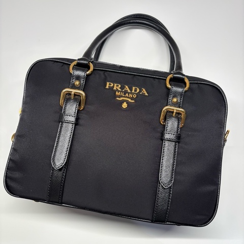 PRADA 1BB088 品牌浮雕LOGO尼龍附鎖組兩用包 公文包 黑色