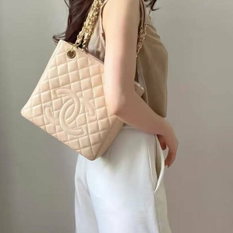 chanel tote杏色奶茶色荔枝皮腋下包15開 97新 24*24*8 配件塵袋