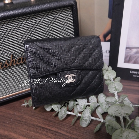 Chanel Caviar Skin Wallet Black Silver 香奈兒魚子醬黑銀錢包/短夾