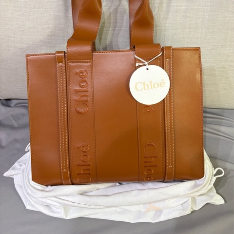 CHLOE咖色全牛皮中號托特包