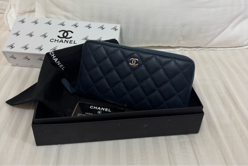 CHANEL cf ㄇ字拉鏈長夾 藍銀配色 雷標完整22開 配件：卡套盒 二手美物-1