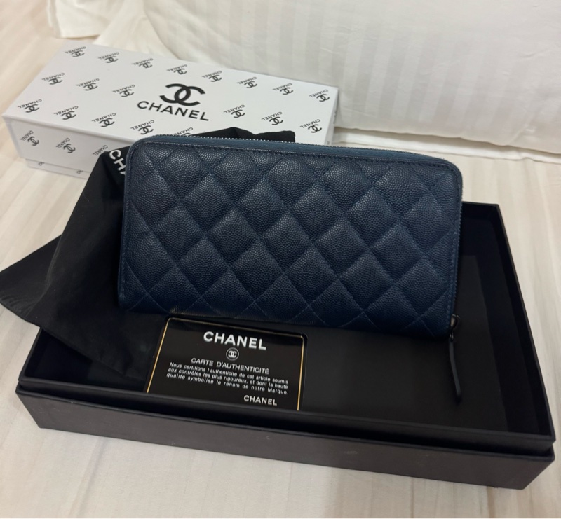 CHANEL cf ㄇ字拉鏈長夾 藍銀配色 雷標完整22開 配件：卡套盒 二手美物-7