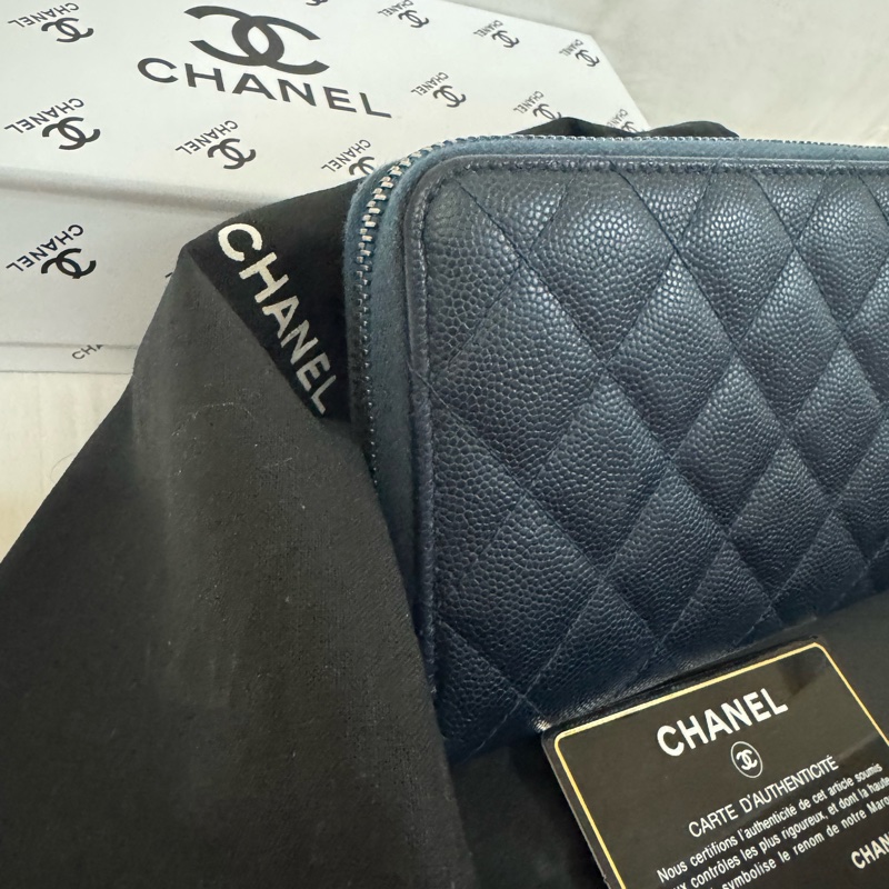 CHANEL cf ㄇ字拉鏈長夾 藍銀配色 雷標完整22開 配件：卡套盒 二手美物-17