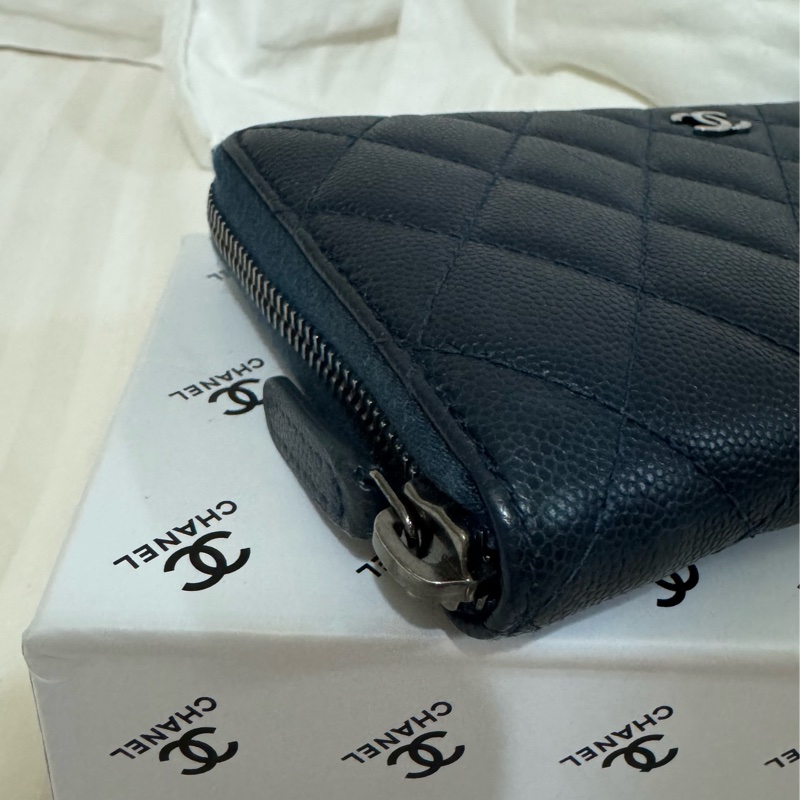 CHANEL cf ㄇ字拉鏈長夾 藍銀配色 雷標完整22開 配件：卡套盒 二手美物-33