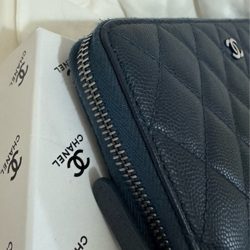 CHANEL cf ㄇ字拉鏈長夾 藍銀配色 雷標完整22開 配件：卡套盒 二手美物-36
