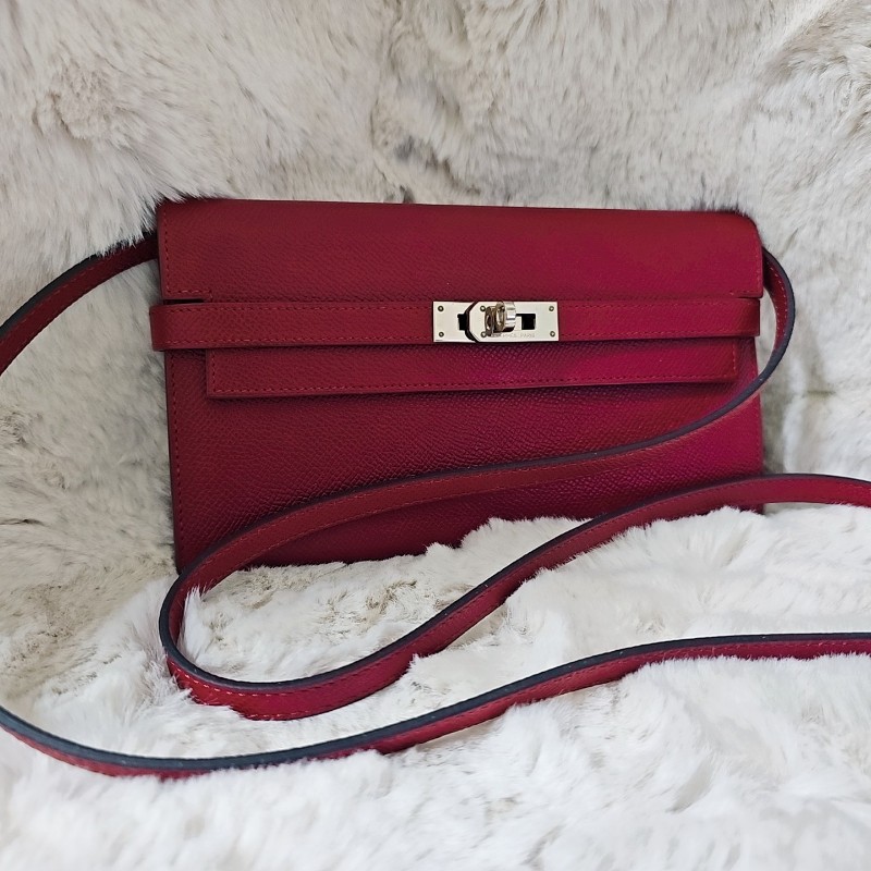 未使用 HERMÈS 長夾 幫改Kelly To Go Wallet Epsom皮 銀扣 R刻 斜背包 Grenat 石榴紅色-0