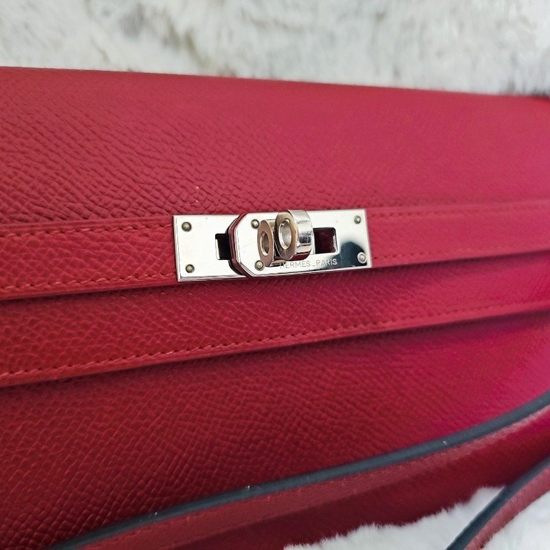 未使用 HERMÈS 長夾 幫改Kelly To Go Wallet Epsom皮 銀扣 R刻 斜背包 Grenat 石榴紅色-1