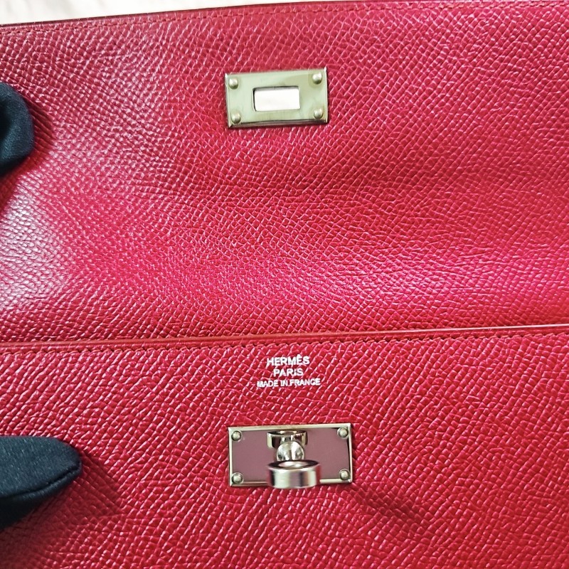 未使用 HERMÈS 長夾 幫改Kelly To Go Wallet Epsom皮 銀扣 R刻 斜背包 Grenat 石榴紅色-4