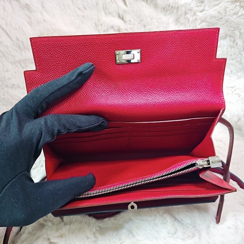 未使用 HERMÈS 長夾 幫改Kelly To Go Wallet Epsom皮 銀扣 R刻 斜背包 Grenat 石榴紅色-5