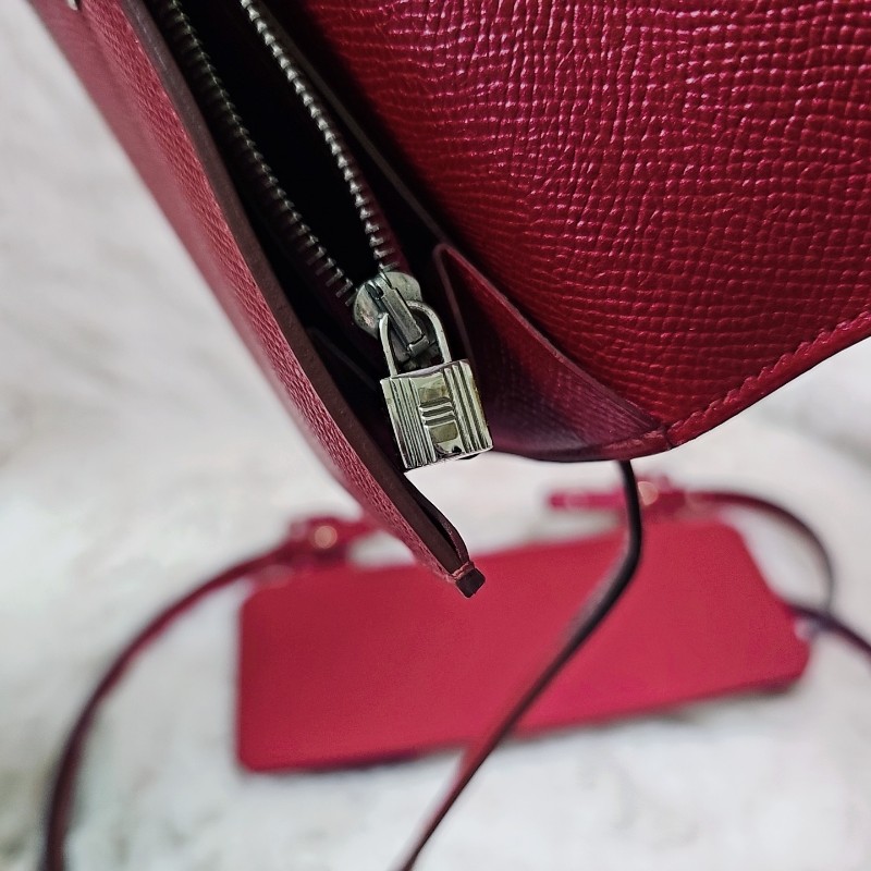 未使用 HERMÈS 長夾 幫改Kelly To Go Wallet Epsom皮 銀扣 R刻 斜背包 Grenat 石榴紅色-8