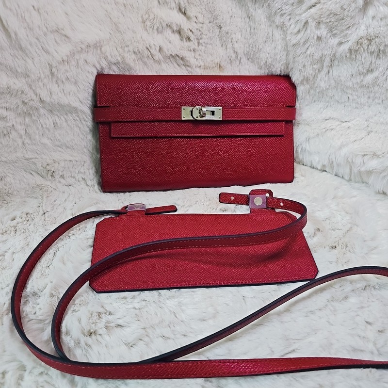 未使用 HERMÈS 長夾 幫改Kelly To Go Wallet Epsom皮 銀扣 R刻 斜背包 Grenat 石榴紅色-21
