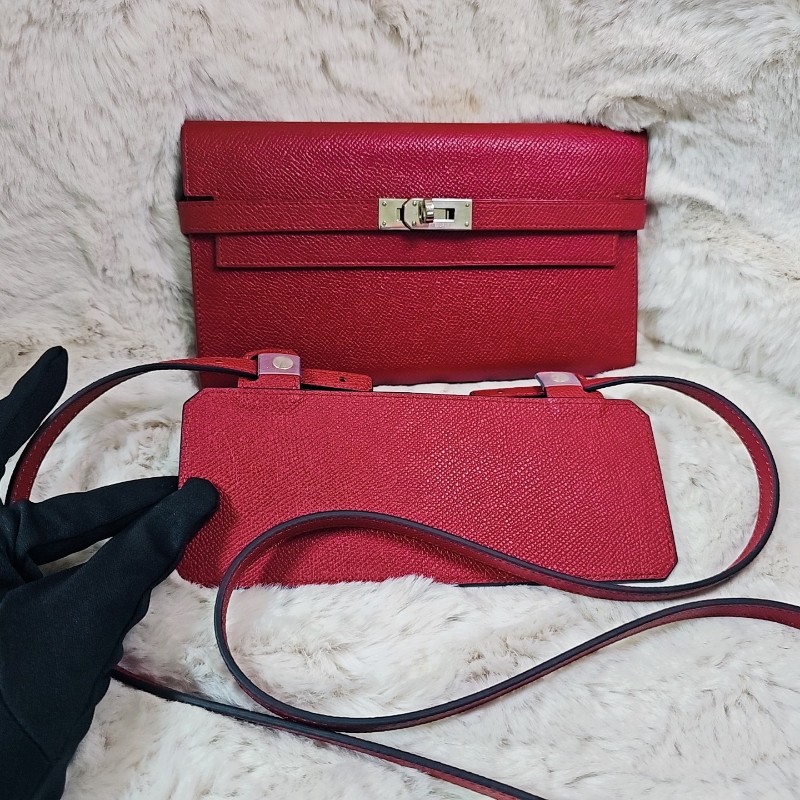 未使用 HERMÈS 長夾 幫改Kelly To Go Wallet Epsom皮 銀扣 R刻 斜背包 Grenat 石榴紅色-22