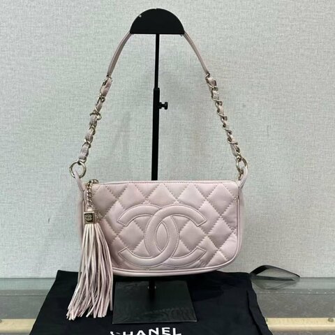 ✨CHANEL 櫻花粉金扣流蘇手提肩背包24*14*3 97新 配件塵袋