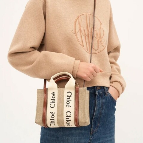 全新 Chloé Woody Tote 小型帆布 肩背包 托特包 經典配色 米白x焦糖棕