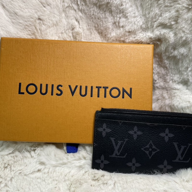 LV Louis Vuitton Monogram Eclipse 拉鍊零錢卡夾 黑花皮革 短夾-0