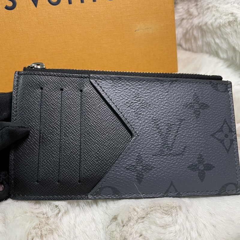 LV Louis Vuitton Monogram Eclipse 拉鍊零錢卡夾 黑花皮革 短夾-1