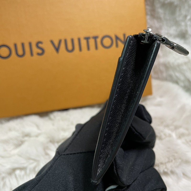LV Louis Vuitton Monogram Eclipse 拉鍊零錢卡夾 黑花皮革 短夾-4