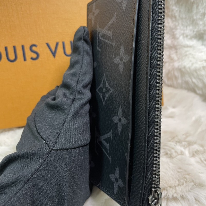LV Louis Vuitton Monogram Eclipse 拉鍊零錢卡夾 黑花皮革 短夾-10