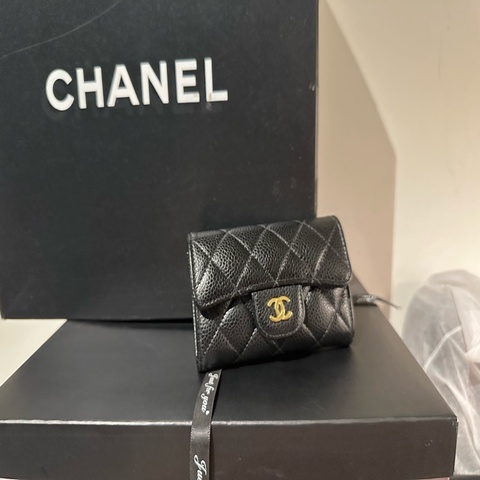 22弄 Chanel 芯片款 荔枝黑金單層卡包 卡夾