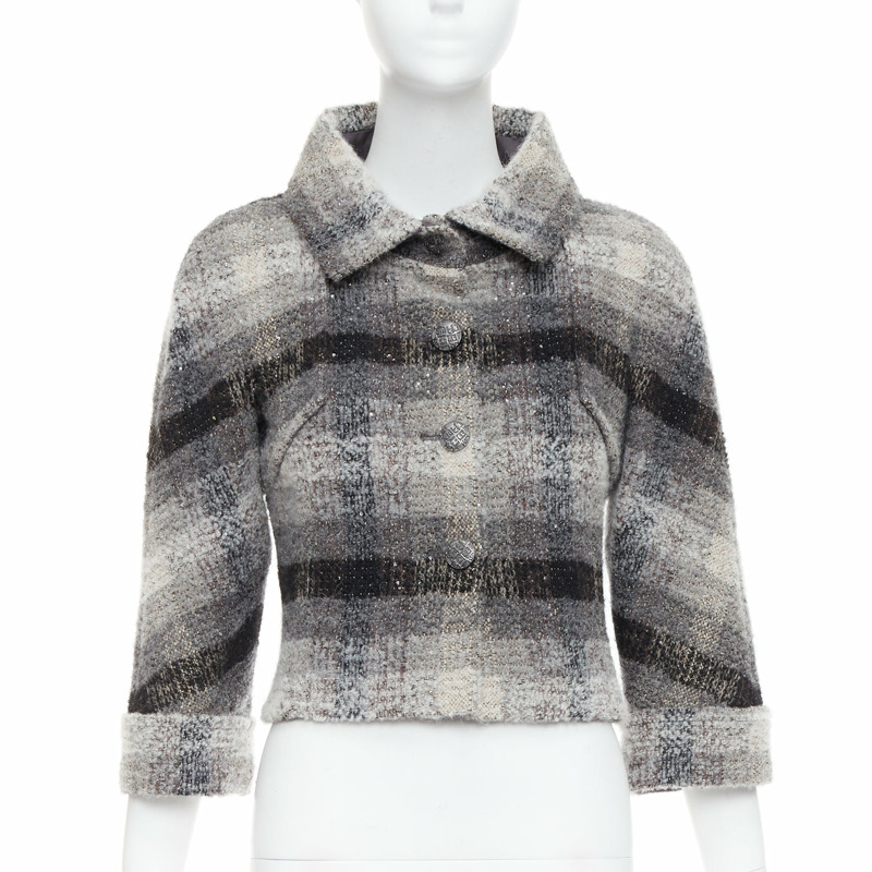 CHANEL 18B Fantasy tweed grey checked sequinned wool crop jacket FR38 M-2