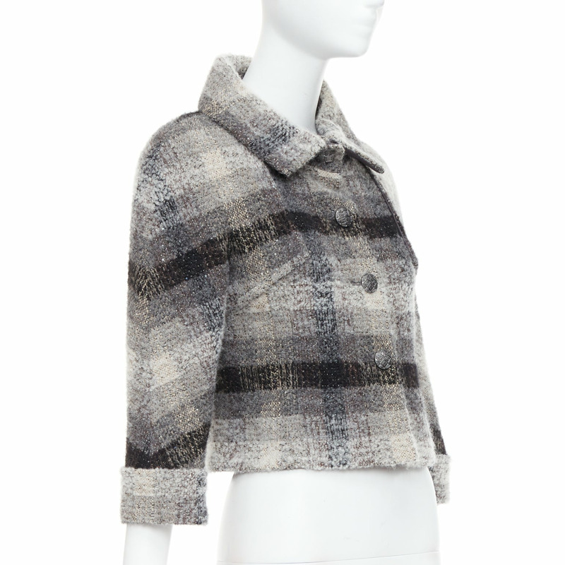 CHANEL 18B Fantasy tweed grey checked sequinned wool crop jacket FR38 M-3